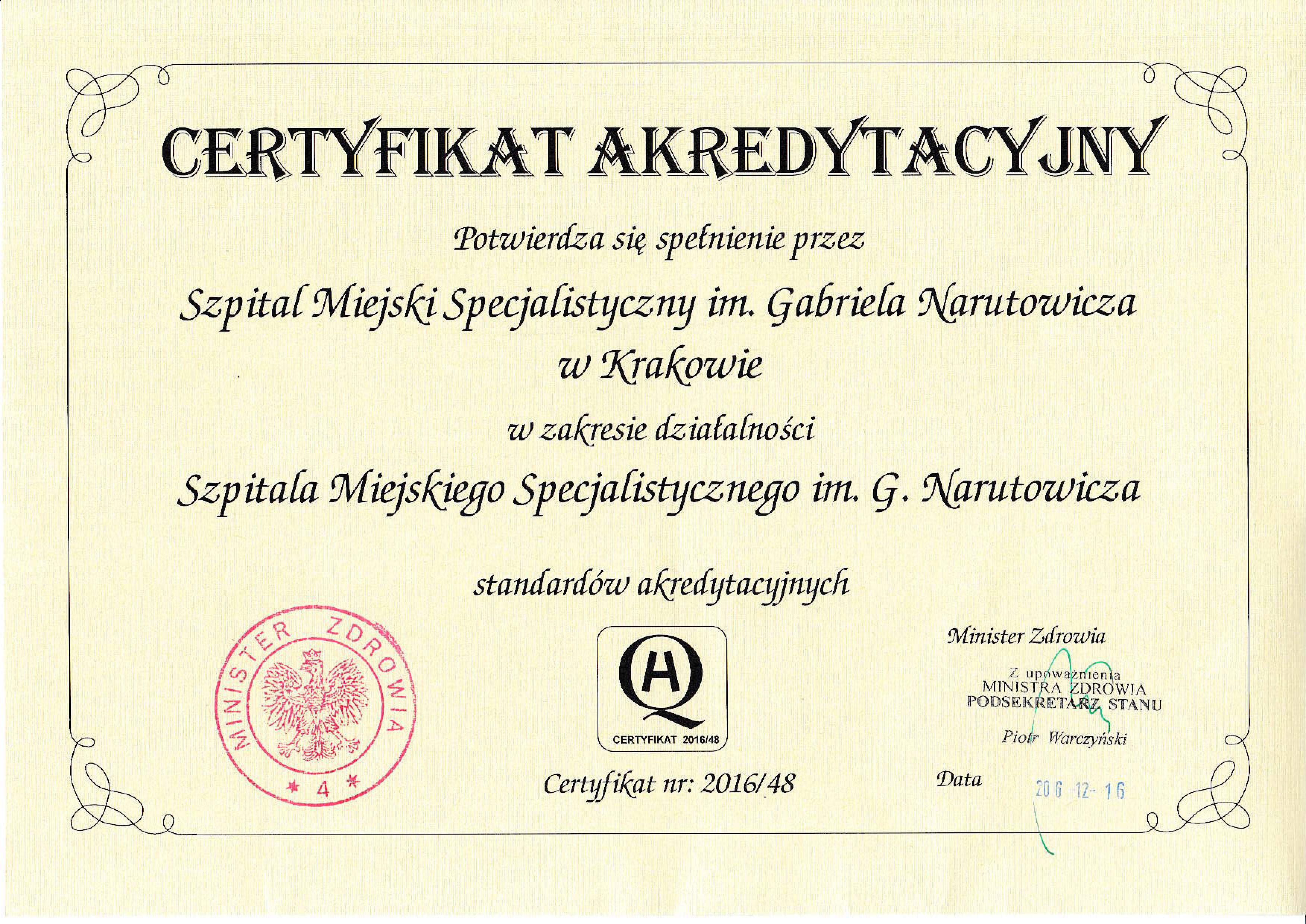 Certyfikat Akredytacyjny Grudzień 2016